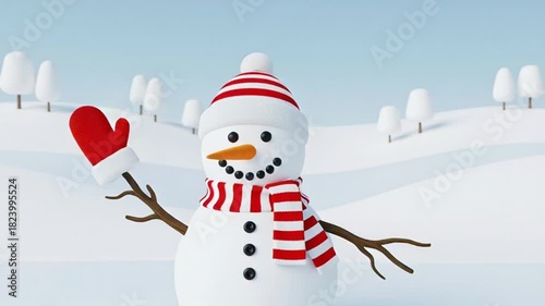 Snowman Wearing Red and White Striped Hat and Scarf in Winter Snowy Landscape