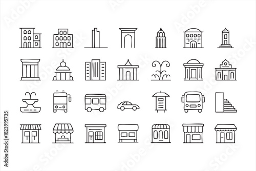 Line art icons of shops, offices and transit for commercial and urban development themes