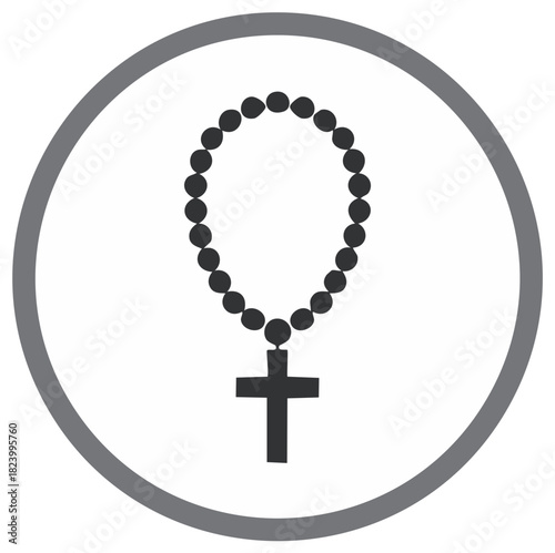 Simple black rosary and cross icon inside a grey circle symbolizing faith and prayer