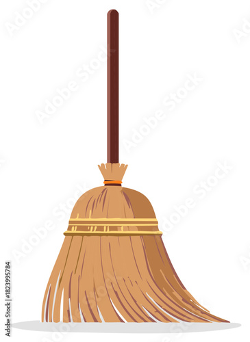 Classic straw broom with wooden handle for cleaning vector illustration