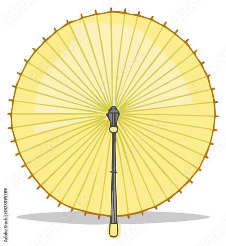 Traditional Yellow Asian Paper and Bamboo Parasol Hand Drawn Illustration