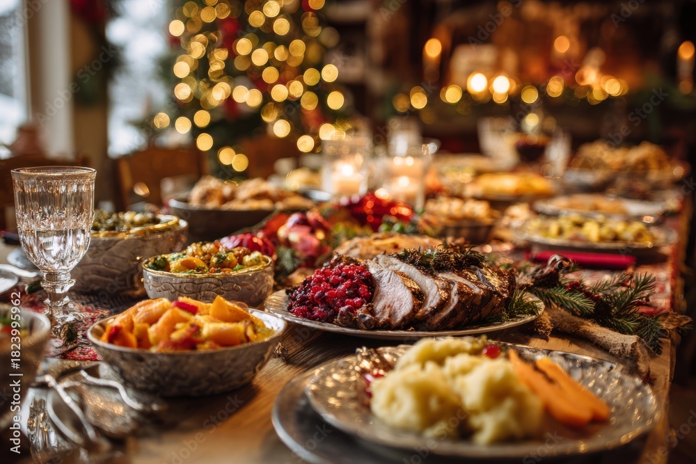 Fototapeta premium Christmas dinner table with roasted meat and side dishes