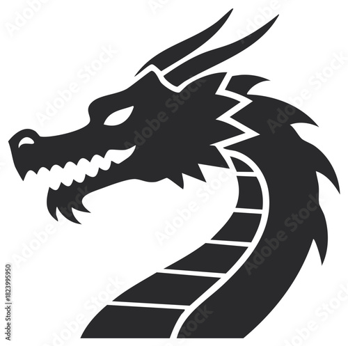 Monochrome Vector Graphic Featuring a Dragon Head with Scales and Horns in a Symbolic Design