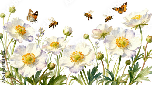 Colorful illustration of flowers and insects in a natural setting capturing the beauty of spring life