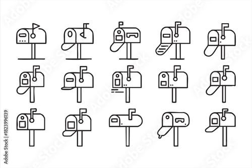 Line art postal mailbox icon set for mail delivery and communication design