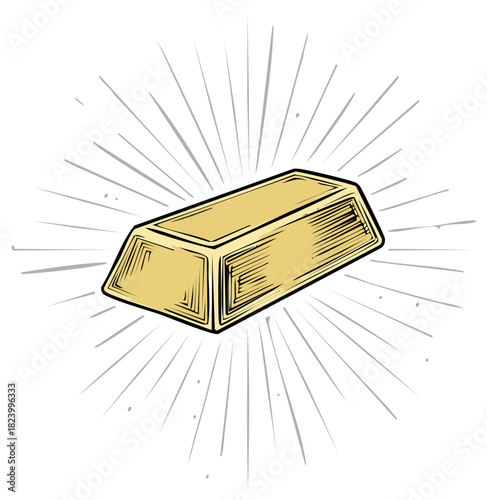 Hand-drawn gold bar with shining rays, representing wealth, investment, and prosperity