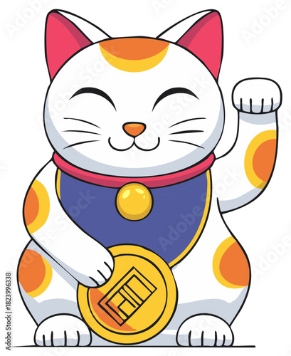 Maneki Neko Lucky Cat with Coin Cartoon Asian Symbol of Prosperity and Good Luck