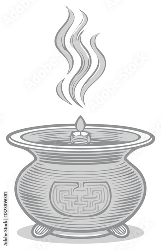 Incense burner with candle and stylized smoke, Asian religious design.