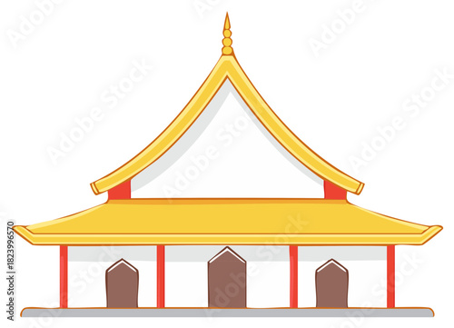 Traditional Asian Temple Architecture with Golden Roof and Red Pillars