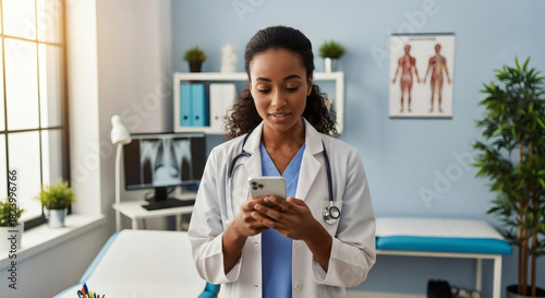 Focused young doctor using phone for patient care in modern office, showcasing technology in healthcare and reliable communication for improved health outcomes