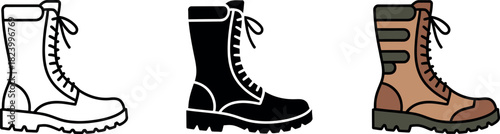 Vector illustration of combat boots in three different styles for design use