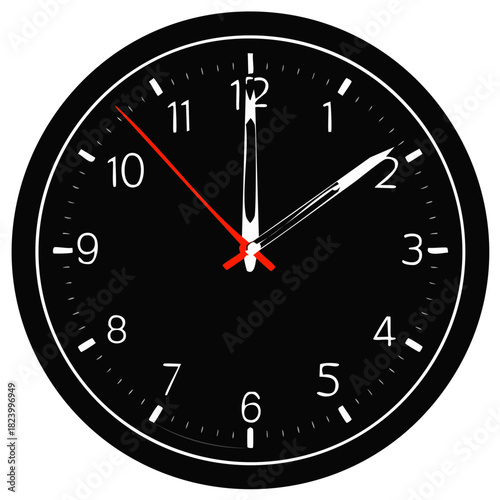 Sleek black analog clock face displaying two oclock precise time with white numbers and red second hand