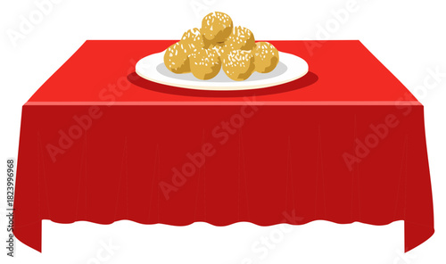 Sweet Balls Plated on Red Tablecloth: Festive Food Dessert Still Life Composition