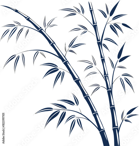 Dark blue bamboo branches with leaves illustration isolated on white