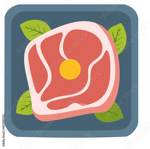 Cartoon steak with garnish on blue tray vector illustration