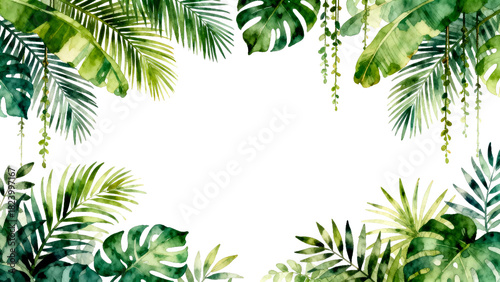 Lush green tropical leaves create a vibrant frame for creative designs and projects