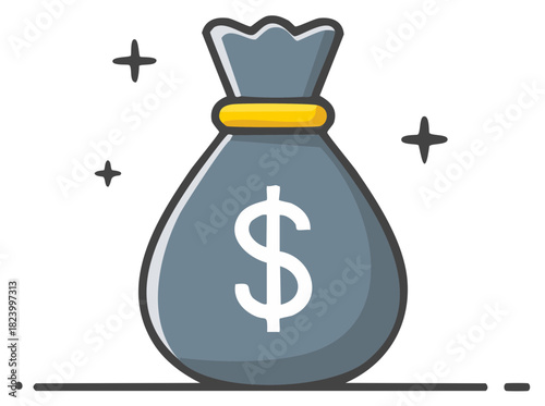 A cartoon money bag with a dollar sign and sparkles symbolizing wealth and finance