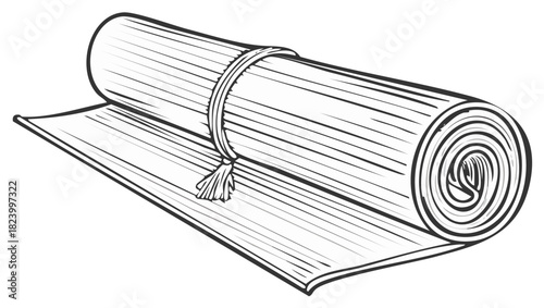 Rolled up ancient scroll or parchment with a tassel tie in a black and white line art illustration style