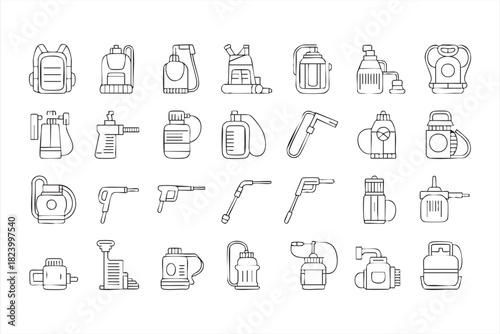 Line art sprayer and pump icon set for cleaning, sanitation and chemical use