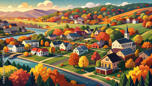 Very beautiful aerial panorama of Confluence, a small town in Somerset County, Pennsylvania, showcasing colorful autumn foliage, tree-lined streets, and charming residential areas under warm fall 