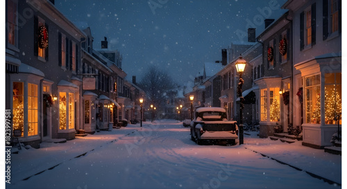 Quiet snowy residential street at night with warm glowing house lights and falling snow creating peaceful cozy winter neighborhood atmosphere