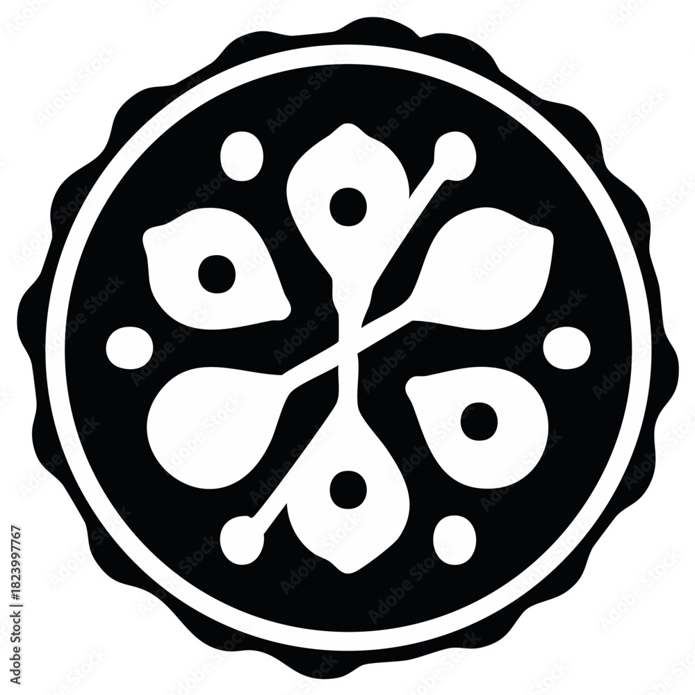 Obraz premium Elegant abstract black and white circular emblem with stylized floral design and wavy border