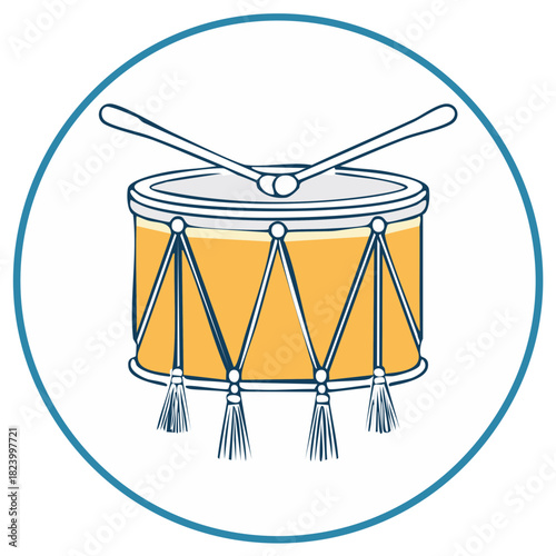 Stylized cartoon vector illustration of a bass drum with tassels and crossed drumsticks within blue circle.
