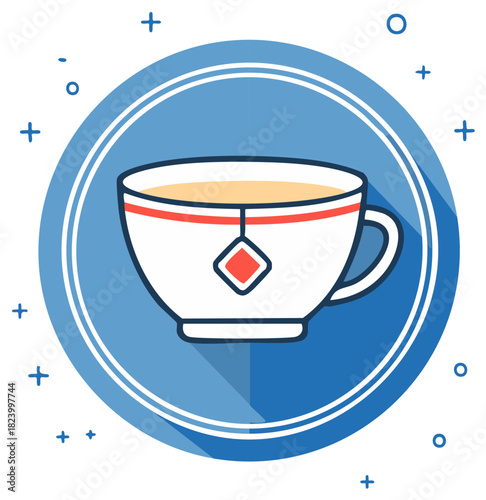 Flat design illustration of a teacup with a tea bag and hot beverage, presented in a blue circle