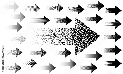 Decorative grunge set with halftone dissolve gradient effect. A large set of grunge pointers for indicating direction, isolated on a