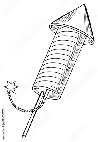Black and white illustration of a firework rocket with a star