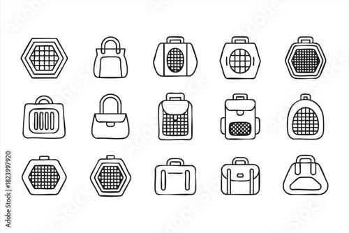 Minimal portable pet bag and cage graphics for veterinary and travel themes