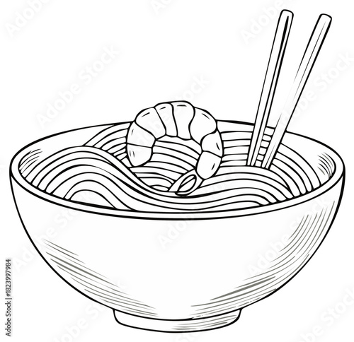Hand drawn illustration of a bowl of Asian noodle soup with shrimp and chopsticks line art