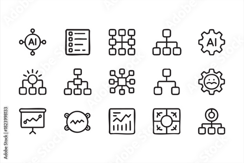 AI network and data structure icon set for machine learning and digital systems