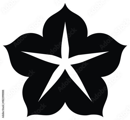 Stylized black five petaled flower crest with a distinct white five point star emblem