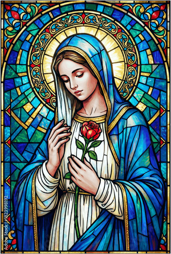 Virgin Mary Stained Glass – Sacred Art with Blue Mantle and Rose