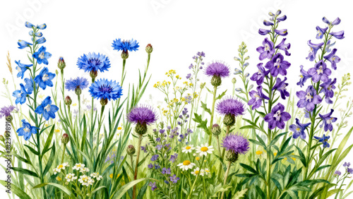 Natural colorful wildflower garden with various blooms and vibrant greenery in springtime setting