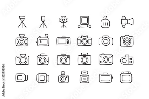 Minimal tripod, lighting and camera symbols for content creator graphics