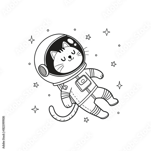 Cute cartoon cat astronaut floating in space with stars