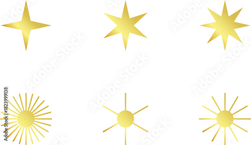 Gold Christmas star set isolated. Star Tree Topper. Shiny golden ornament decoration design. Vector, PNG or JPG