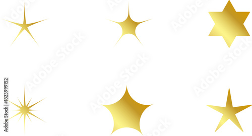 Gold Christmas star set isolated. Star Tree Topper. Shiny golden ornament decoration design. Vector, PNG or JPG