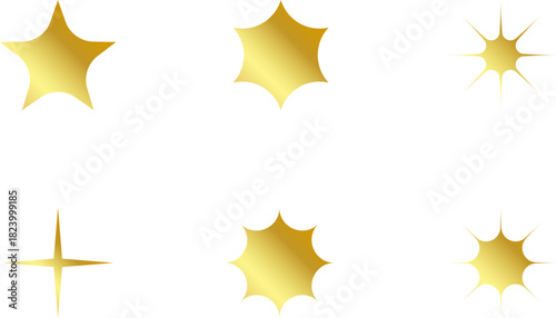 Gold Christmas star set isolated. Star Tree Topper. Shiny golden ornament decoration design. Vector, PNG or JPG