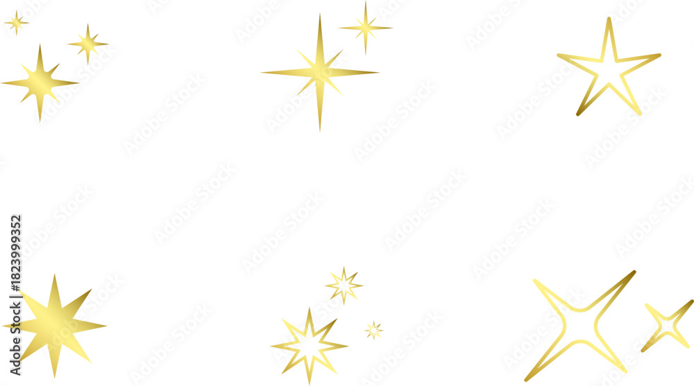 Fototapeta premium Gold Christmas star set isolated. Star Tree Topper. Shiny golden ornament decoration design. Vector, PNG or JPG