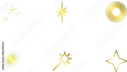 Gold Christmas star set isolated. Star Tree Topper. Shiny golden ornament decoration design. Vector, PNG or JPG