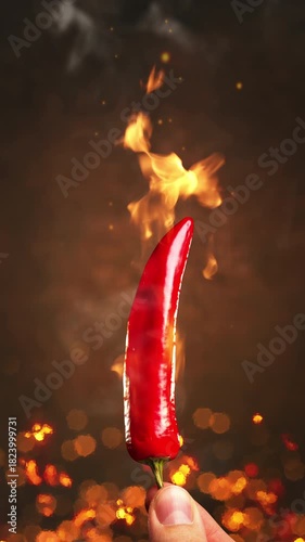 Red chili pepper burning with flames