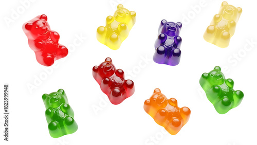 Assorted Gummy Bears in Vibrant Colors on Black Background Keywords: gummy bears, candy, sweets