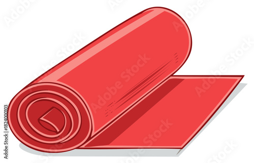 Vivid red yoga mat partially rolled, flat surface for exercise, fitness equipment