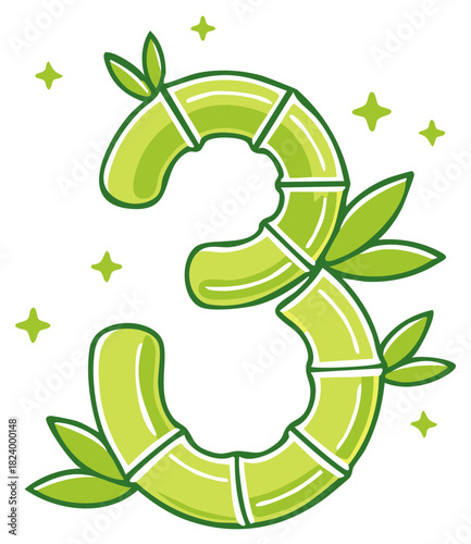 Stylized number three in bright green bamboo segments with small leaves and star sparkles