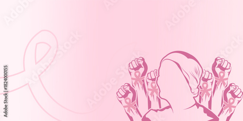 Vector outline of a woman and a clenched fist with a purple ribbon symbolizing cancer on hand. Vector background together to fight cancer and treat cancer disease.