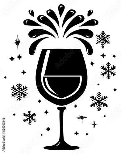 Elegant wine glass with splashing liquid and snowflakes in black silhouette design