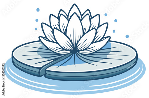 Serene White Lotus Flower Floating on a Lily Pad in Blue Water An Aquatic Plant with Delicate Petals